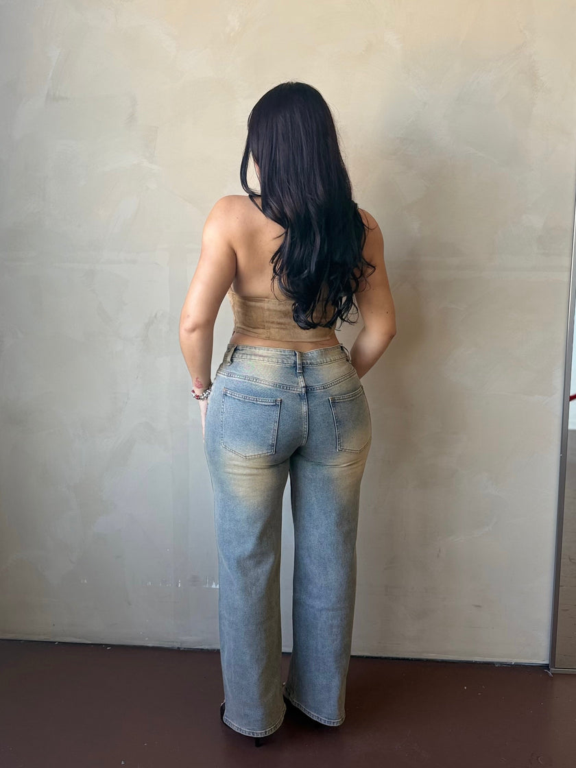Back view of Tan Suede Lace-Up Corset Halter Top showing open halter back