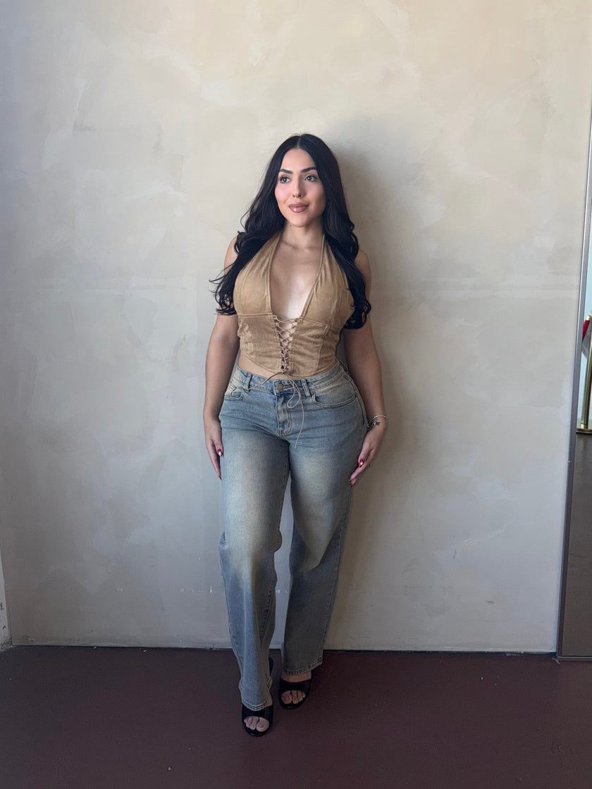Full length front view of Vintage Wash Low Rise Wide Leg Jeans