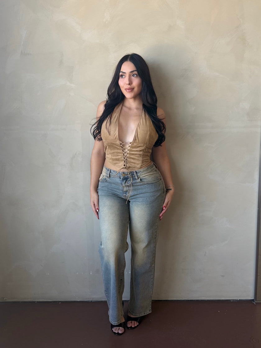 Front view of model wearing Tan Suede Lace-Up Corset Halter Top