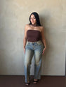 Front view of model wearing Chocolate Brown Stretchy Tube Top