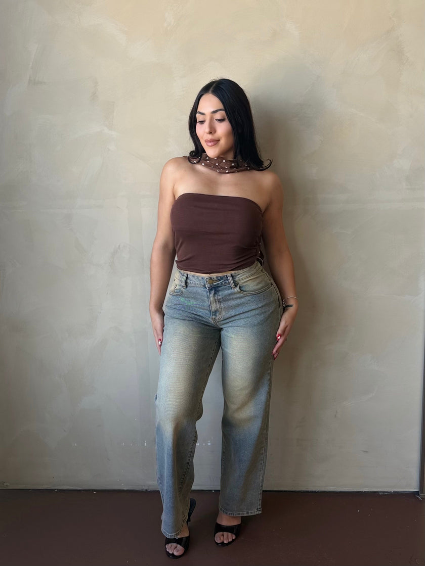 Front view of model wearing Chocolate Brown Stretchy Tube Top