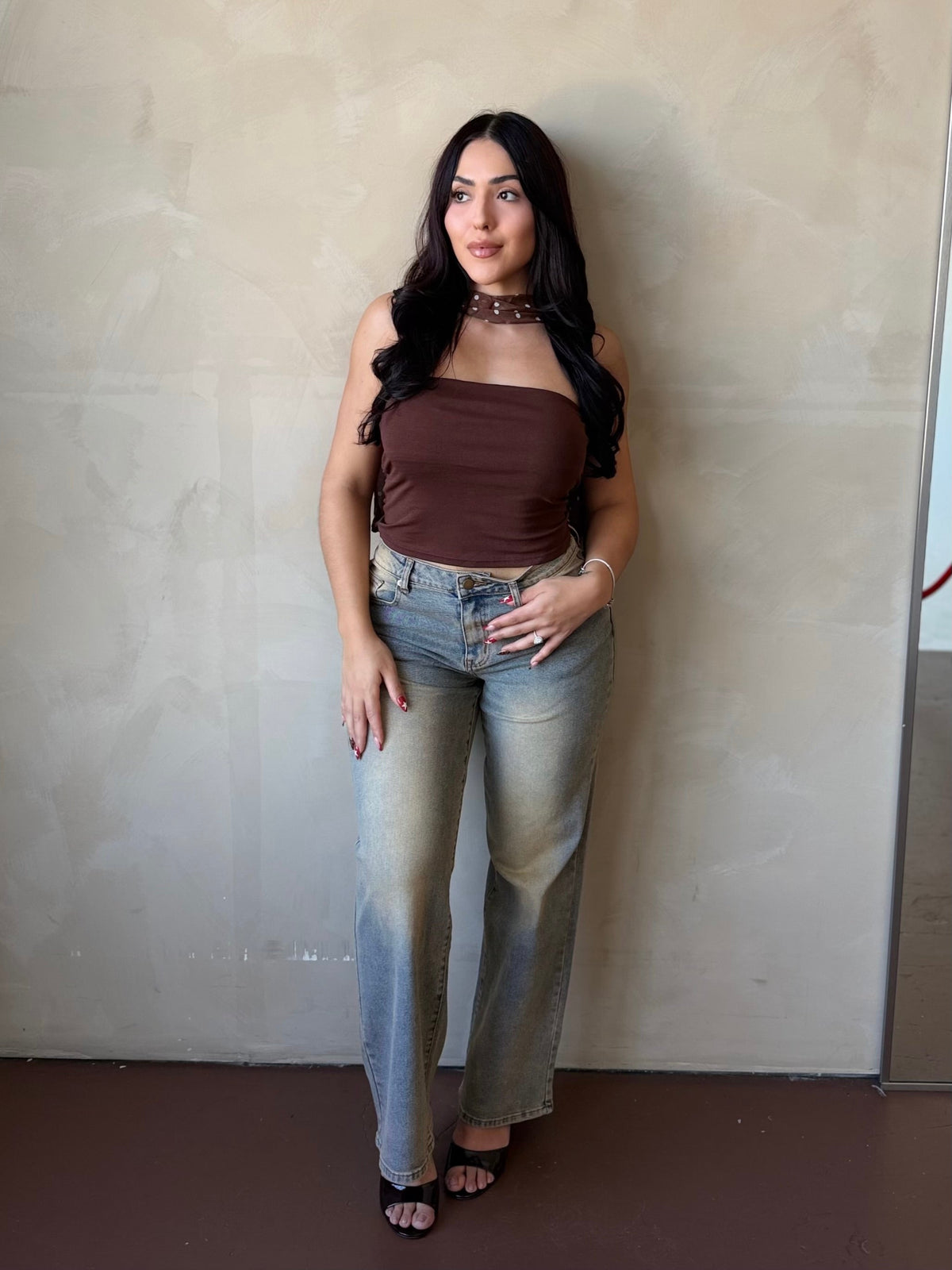 Front view of Chocolate Brown Stretchy Tube Top with choker