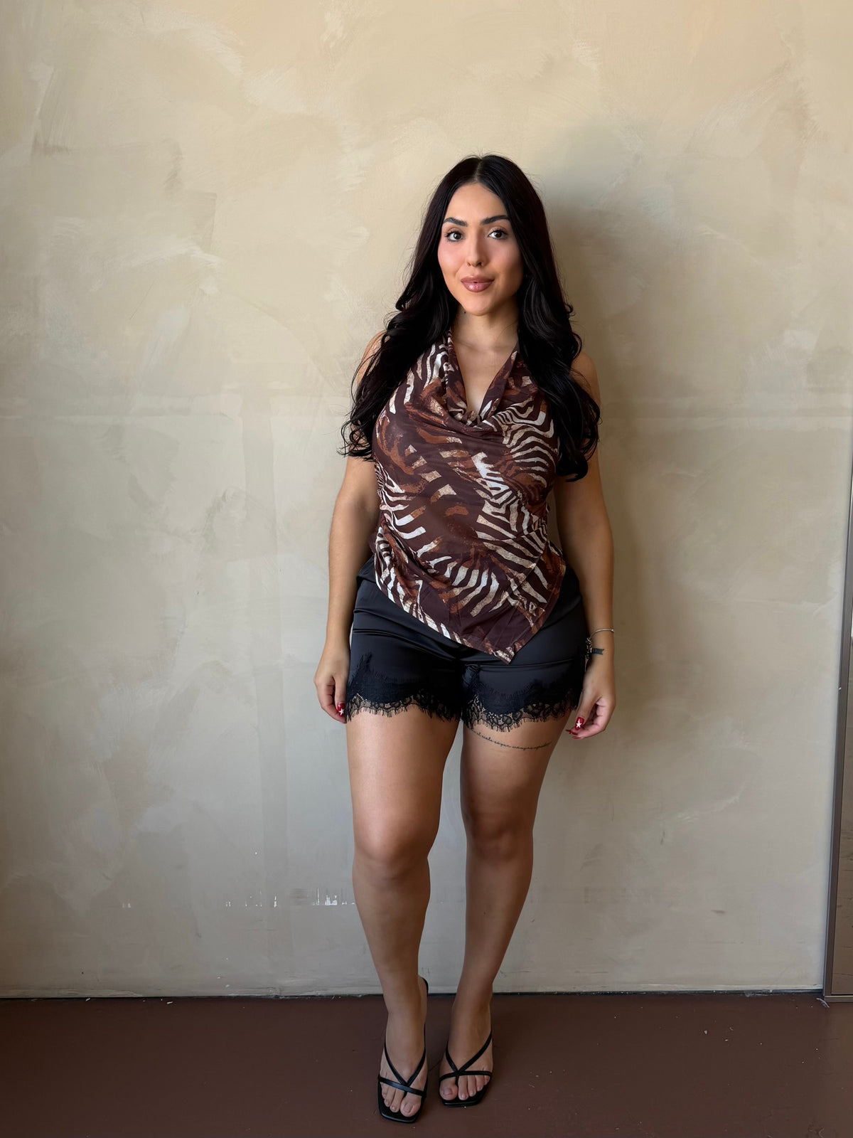 Full length front view of Zebra Print Cowl Neck Halter Top