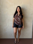 Full length front view of Zebra Print Cowl Neck Halter Top
