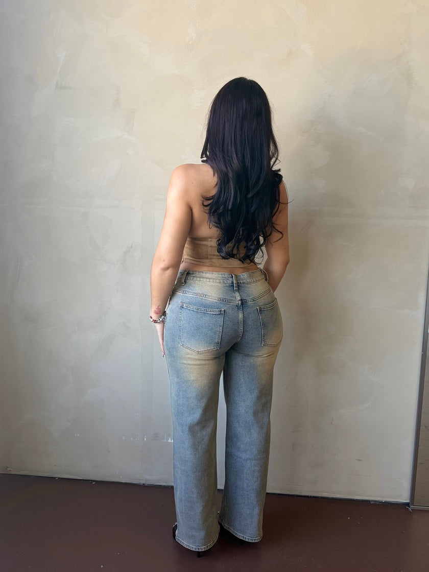 Back view of Vintage Wash Low Rise Wide Leg Jeans