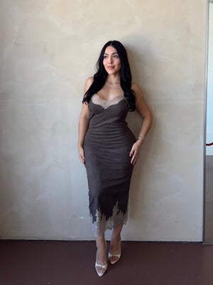 Front view of model wearing the Mocha Lace Trim Slip Dress