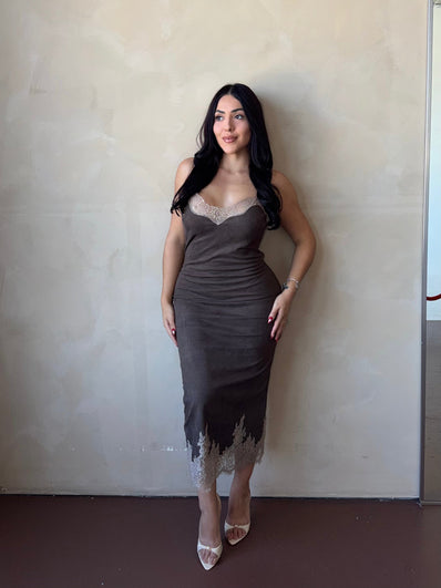 Front view of model wearing the Mocha Lace Trim Slip Dress